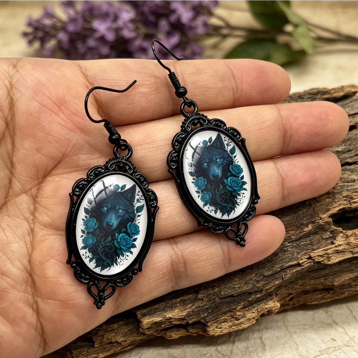Unisex Dark Wolf Blue Rose Floral Printed Oval Earrings